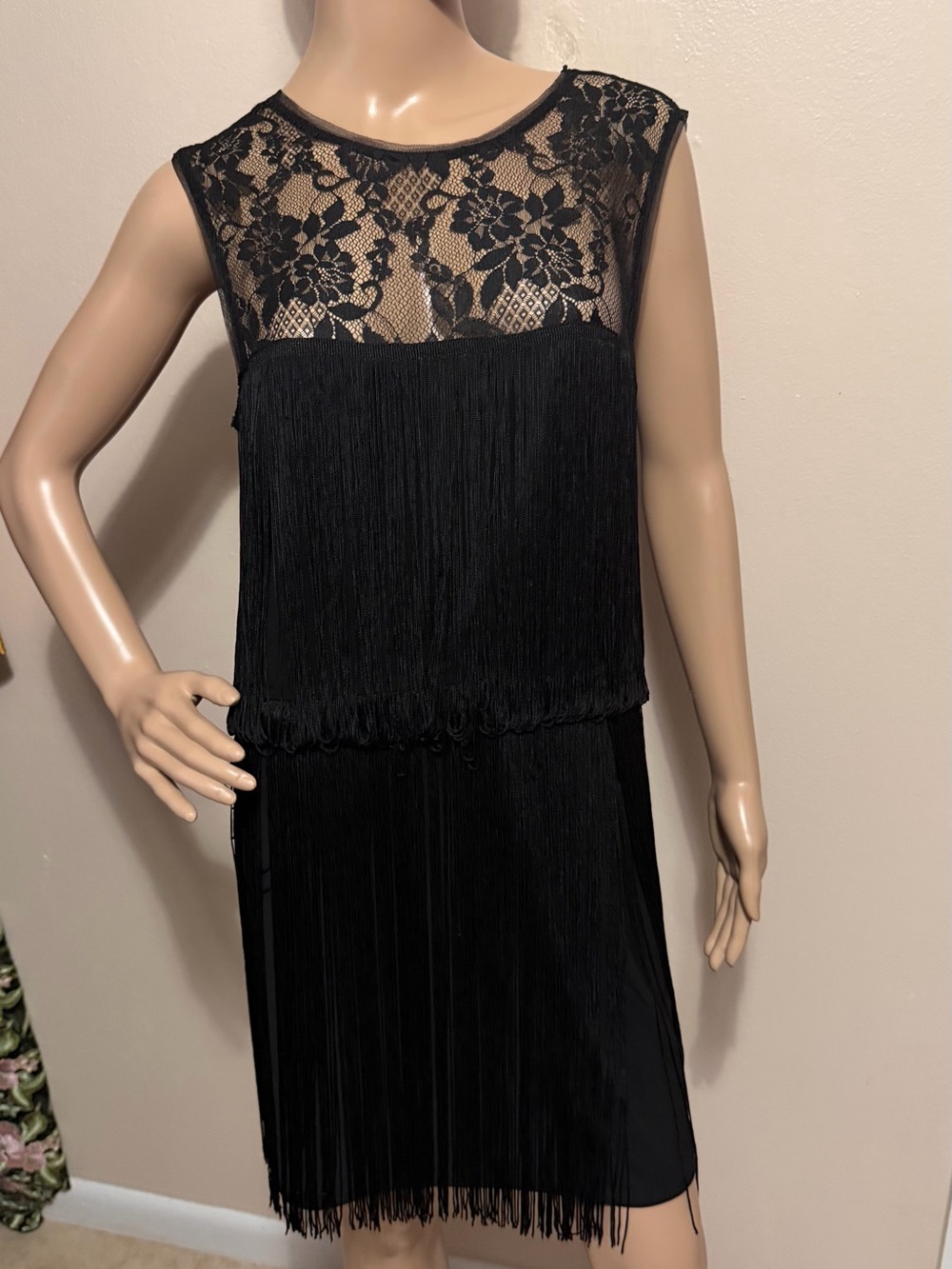 Women's Black Lace Fringe Midi Dress